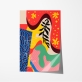Poster abstrato de uma composição vibrante e colorida com várias formas e padrões, como linhas fluidas, pontos, flores e folhas. A paleta de cores inclui tons de vermelho, azul, amarelo, verde e bege, criando um efeito visual dinâmico. 6