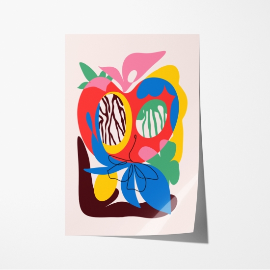 Poster abstrato e vibrante com formas orgânicas que remetem a folhas e uma maçã num design harmonioso. 6