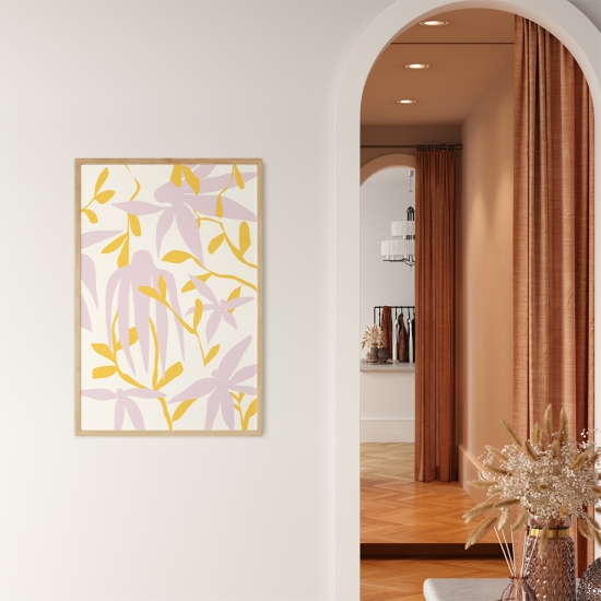 Poster de um arranjo floral com formas abstratas em tons de rosa e amarelo, representando flores e folhas num fundo claro. 1