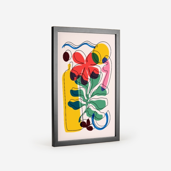 Poster abstrato de uma composição vibrante e lúdica com uma variedade de formas e linhas em cores como amarelo, vermelho, verde, azul e rosa sobre um fundo claro. 2