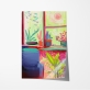 Poster vibrante de uma vista através de uma janela com vasos de plantas num peitoril e um cadeirão em primeiro plano. 6