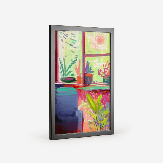 Poster vibrante de uma vista através de uma janela com vasos de plantas num peitoril e um cadeirão em primeiro plano. 3