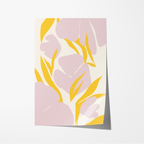 Poster de um arranjo floral com formas abstratas em tons de rosa e amarelo, representando flores e folhas num fundo claro. 6