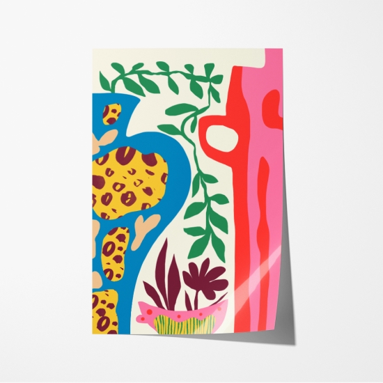 Poster abstrato com uma paleta de cores vibrante, incluindo tons de rosa, azul, amarelo e verde com várias formas e padrões orgânicos que remetem a elementos da natureza. 6