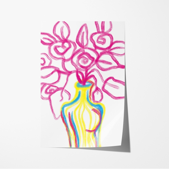 Poster de um vaso com flores em tons vibrantes de amarelo, rosa e azul. 6