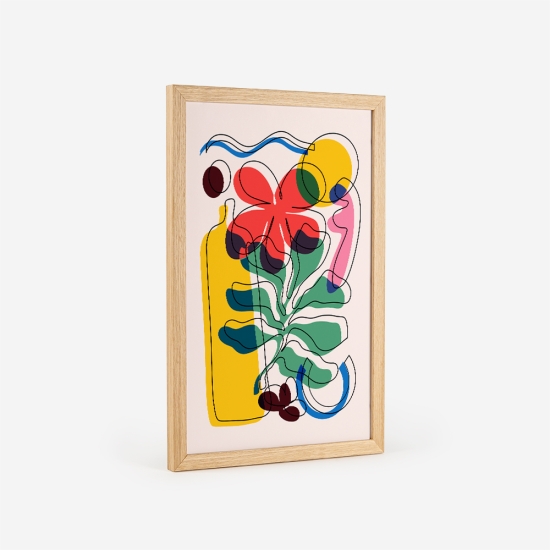 Poster abstrato de uma composição vibrante e lúdica com uma variedade de formas e linhas em cores como amarelo, vermelho, verde, azul e rosa sobre um fundo claro. 3
